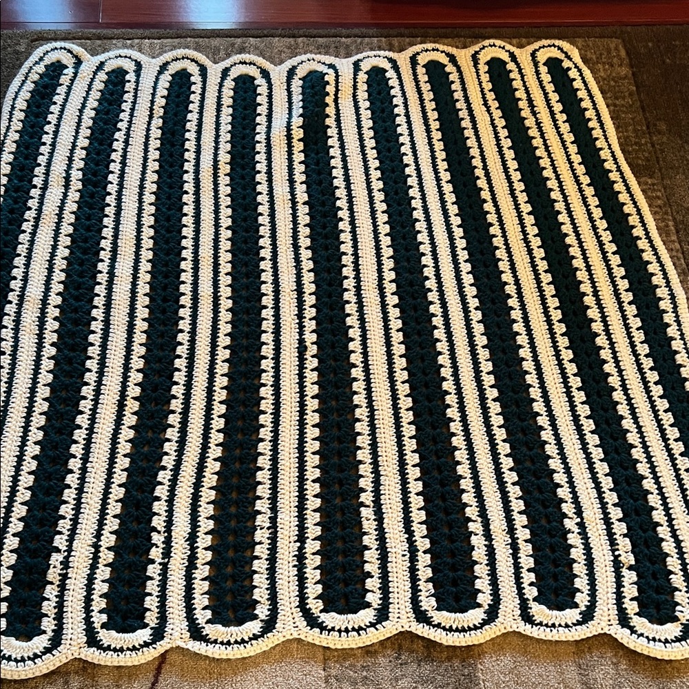 Handmade Crochet Afghan in green and cream